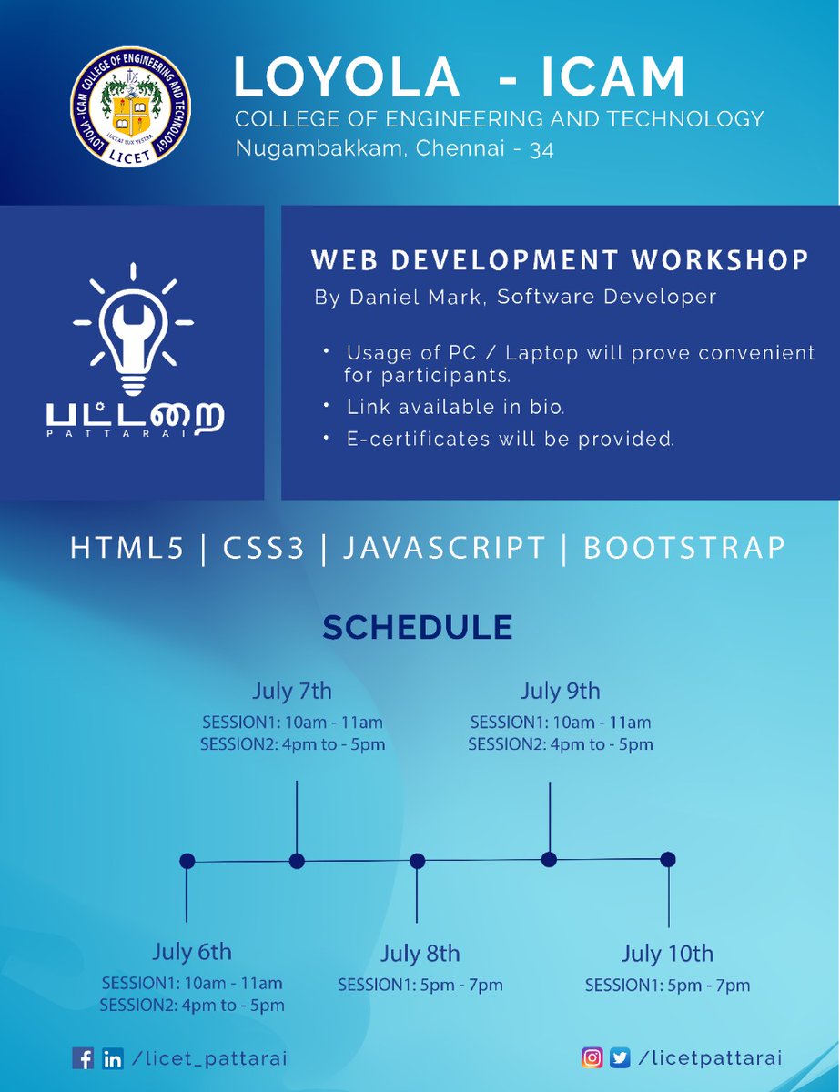 licetpattarai's tweet photo. Team PATTARAI is presenting a five-day WEB DEVELOPMENT WORKSHOP for newcomers to programming.
Kindly join the sessions using the below link!
https://t.co/cZhJsf3TGG
#LoyolaIcamCollege
#LoyolaICAM
#LICET
#LICETFormation
#toengineerajustsociety
#DIY
#TeamPattarai
#LICETPattarai https://t.co/0wQ7qzxKYz