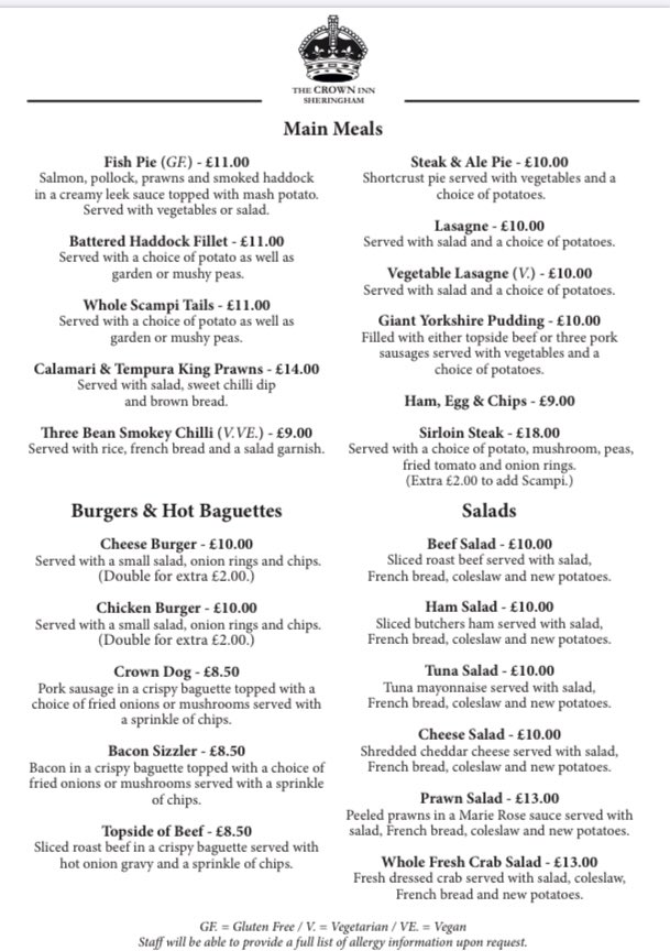 CrownSheringham's tweet photo. We reopen a week today!  
Here is our summer menu, do take a look.  
We have lots of seating inside and out, but for inside tables it is advisable to book to avoid disappointment.
To book a table 
Call: 01263 823213
Email: crownsheringham@hotmail.co.uk 
Or Message us on Facebook https://t.co/JSDqFq6LjI