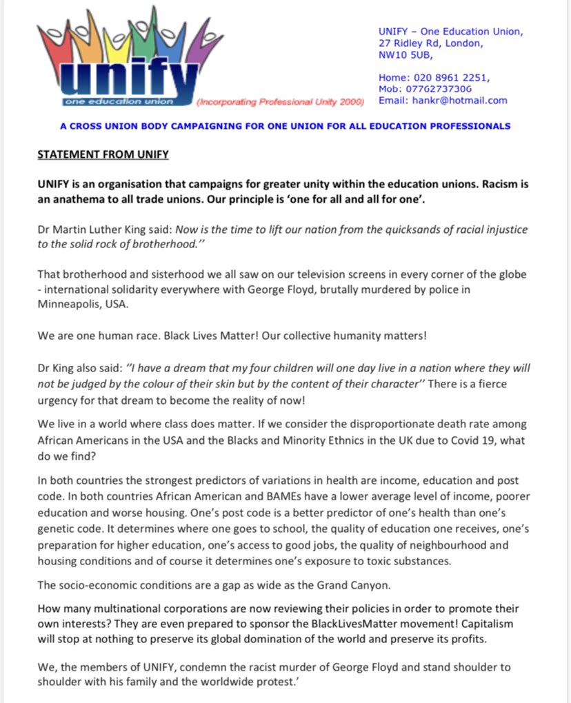 Unify1Edu's tweet photo. @Unify1Edu is an organisation that campaigns for greater unity within the education unions. We, the members of @Unify1Edu, condemn the racist murder of George Floyd and stand shoulder to shoulder with his family and the worldwide protest.’ Full statement below #BlackLivesMatter https://t.co/NnZnRRnS7K
