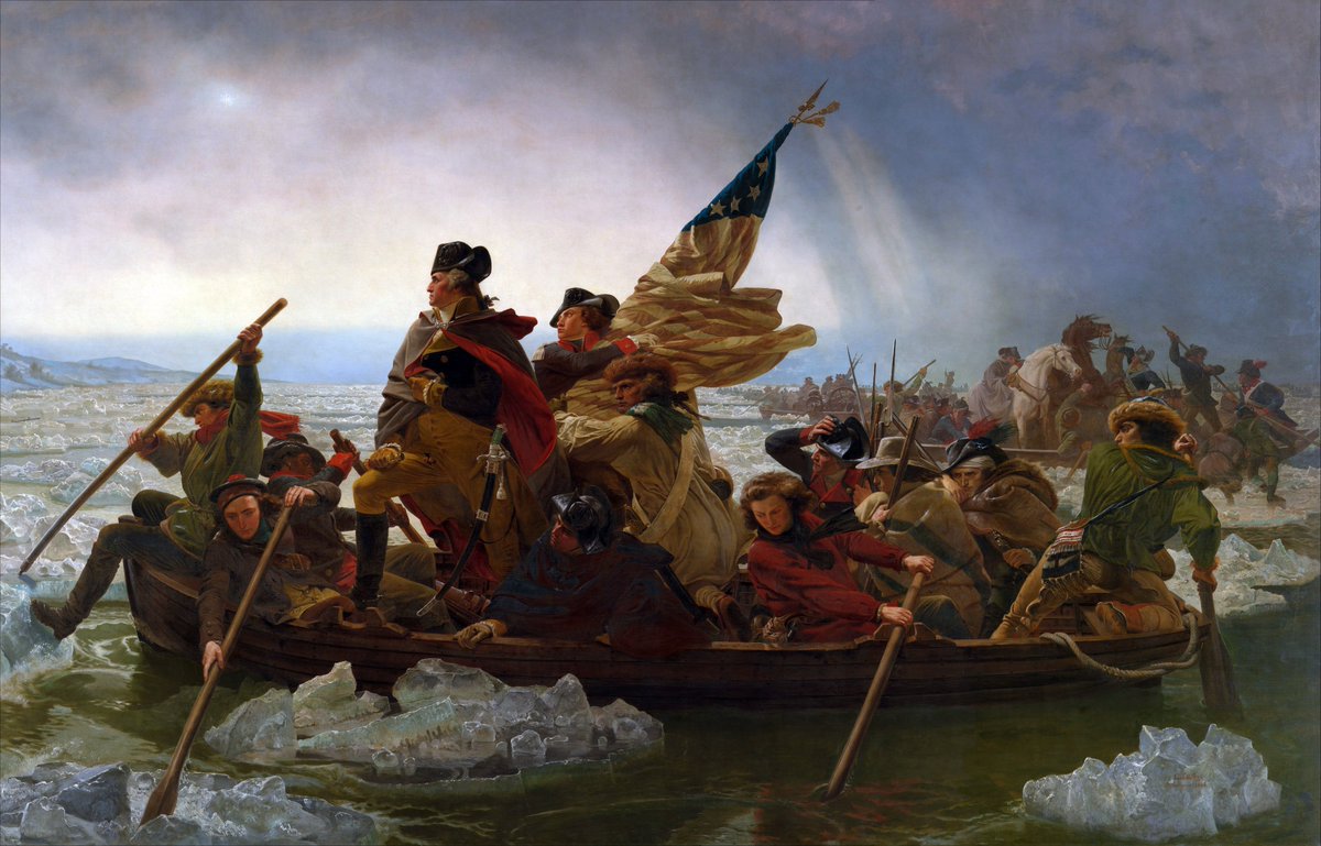 So I teach a class called American Heroes in Image/Text, and the first thing I do is show students this painting, Emmanuel Leutz's "Washington Crossing the Delaware," to show students how art doesn't have to be historically accurate to be culturally significant. (A THREAD.) 1/