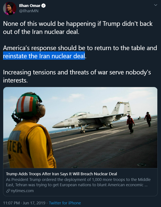 17)For the record, here are more of Omar’s tweets pushing Iran’s talking points (just like Rashid)-Trump wants war with Iran (which Trump actually prevented)-Trump should reinstate (Obama’s) Iran nuclear deal-Sanctions are “economic warfare” (getting it from Zarif himself)
