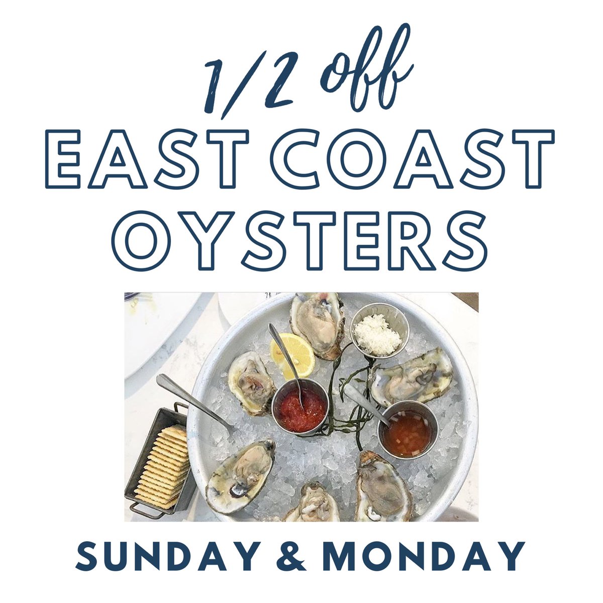1/2 OFF East Coast Oysters 🦪 This Sunday and Monday only!! Come and get it! 
.
.
#oysters #austin #oysterbar #happyhour #sundayfunday #fourthofjuly #usa #weekend #oysterbar #ssafetyfirst #oysters