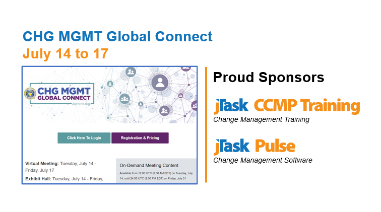 jTaskOCM's tweet photo. jTask CCMP Training &amp; jTask Pulse are excited to Sponsor Chg Mgmt Global Connect. Register https://t.co/WTB0Yh2Gje Our training is virtual &amp; our software is SaaS since 2015. Visit our virtual booth! #ACMPConnect  @jTaskpulse  #changemanagement #projectmanagement #ATD #hr https://t.co/j6eBngOovr