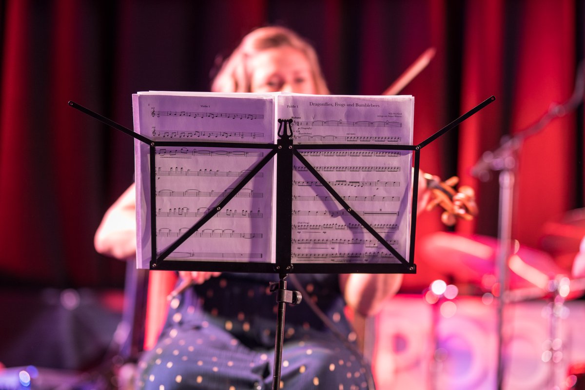 arranphoto's tweet photo. Sheet music of Dragonflies, Frogs and Bumblebees on a music stand with a fiddle player in the background playing the piece live on stage at the Ullapool Guitar Festival in 2019. https://t.co/fzr5xQuN9O