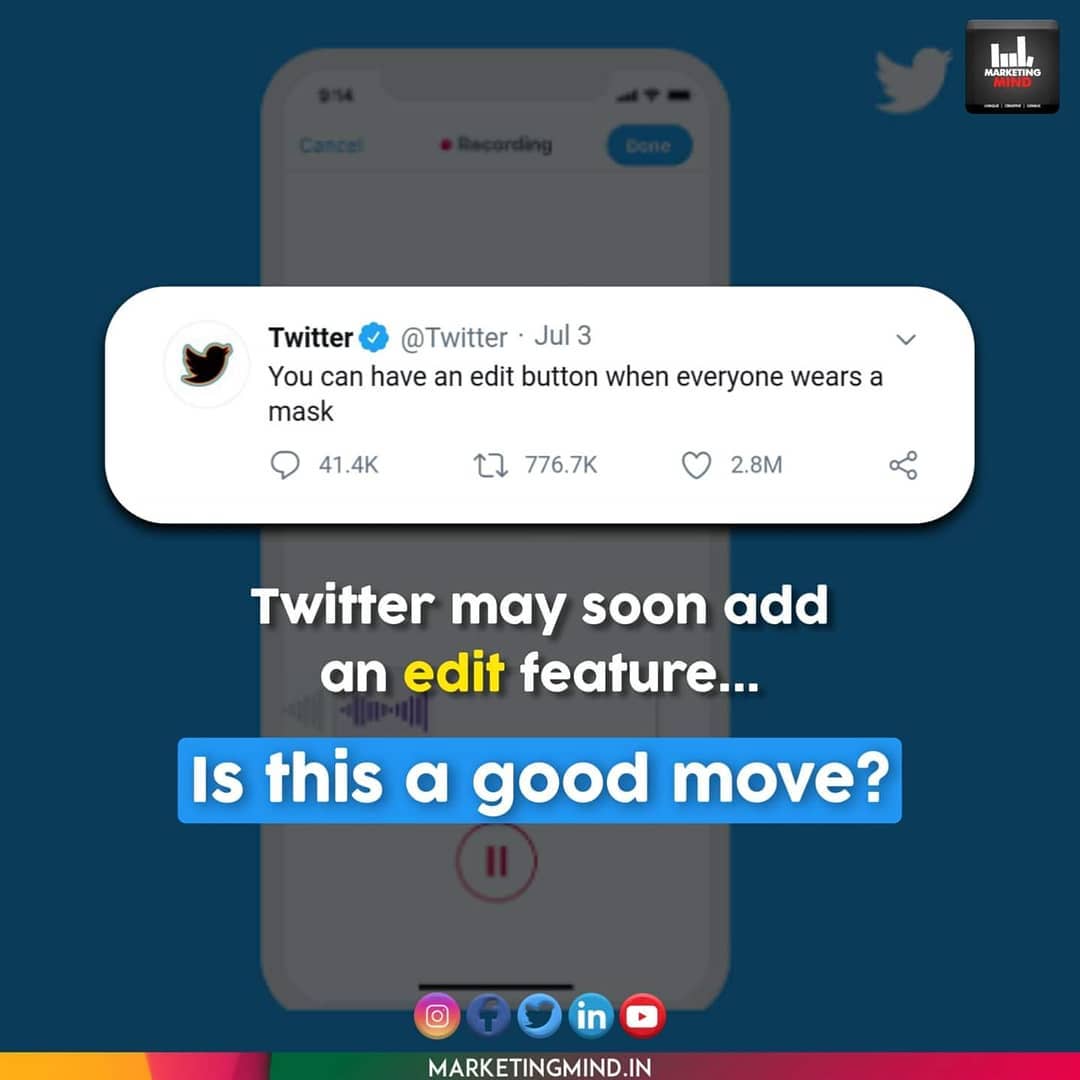 Lifeofmarketer's tweet photo. Twitter may soon come up with the Edit Button. 
@Twitter
Credit : @MarketingMind_
#Twitter #TwitterEditButton https://t.co/3mwkk8WstE
