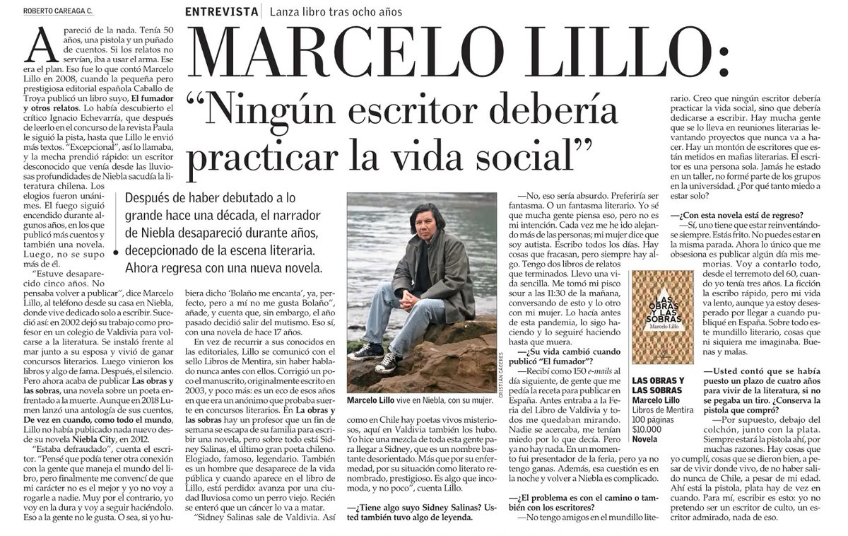 Librosdementira's tweet photo. Felices con la entrevista que le hizo Roberto Careaga al gran @MarceloLillo14 por su nueva novela "Las obras y las sobras" en Artes y letras de @ElMercurio_cl . El libro lo encuentra en https://t.co/udv5SrC9xq y también en @La_Komuna https://t.co/w9zRatkl2Y https://t.co/Jot7ytUHKa