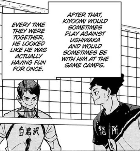 Haikyuu ch 400

He is having so much fun up against strong players, especially Ushijima, his long-time rival to the point that he would smile.

He's really enjoying this game.

note: smiles for ushijima, yes, we're pushing thru with our sakubeef agenda 