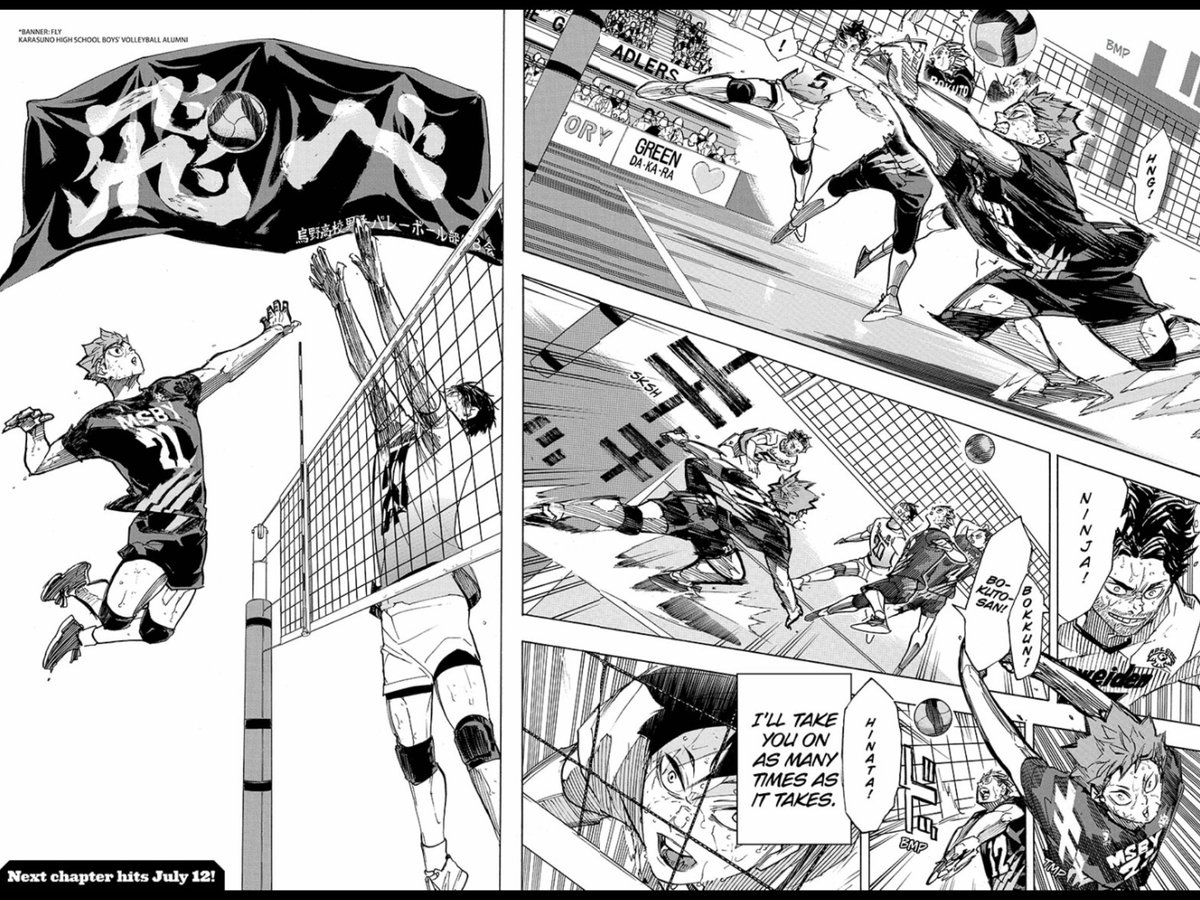 But what got me the most is, of course, this spread out page, especially the way how the Karasuno banner was located above Kageyama and Hinata. 
