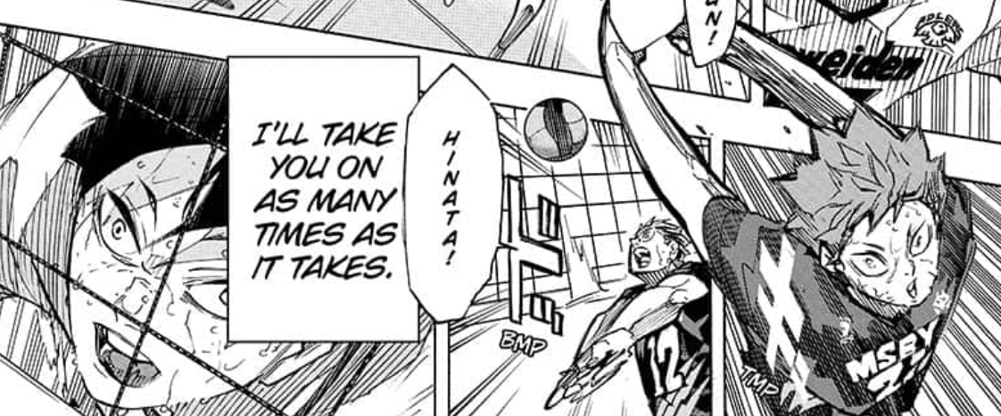 at this point i can offer you no analysis. im just. crying. because they really are flying to such great heights to take each other on and i think that's beautiful. i think all of us agree that they embody the karasuno banner perfectly, no questions asked.