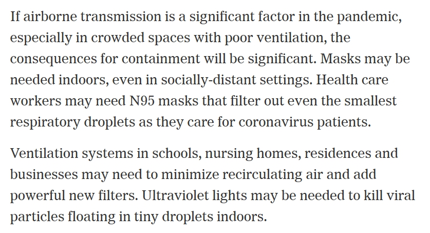 2/n Let's first focus on this bit of that report. Again, with a misleading confusion between airborne and aerosol. And yes, WHO have not been helpful, but then too neither are others on the other side. https://www.nytimes.com/2020/07/04/health/239-experts-with-1-big-claim-the-coronavirus-is-airborne.html