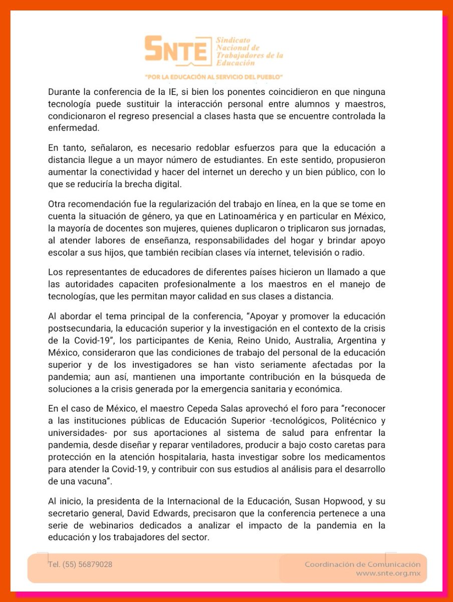 izlhaaz's tweet photo. Comunicado 28-2020, 5 de julio  2020
Ningún maestro del #SNTE ha sido despedido, pese a la crisis, destaca el Mtro. #AlfonsoCepedaSalas Secretario General del @SnteNacional ante sindicalistas del mundo👇👇
https://t.co/WVTSguOy9y
#OrgullosamenteSNTE #SNTE23 @SNTE_Seccion_23 @ https://t.co/NZ9GU1YUtr