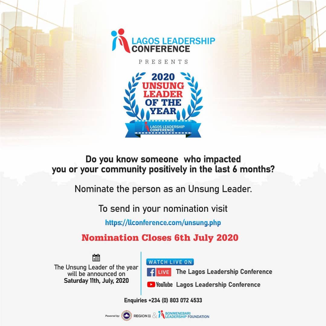 Naija_PR's tweet photo. Yet to vote???
Nomination closes 6th July, 2020.
The Unsung Leader of the year will be announced on Saturday 11th July, 2020.
#UnsungLeader2020
#LLC2020 https://t.co/UZsB8m8pW7