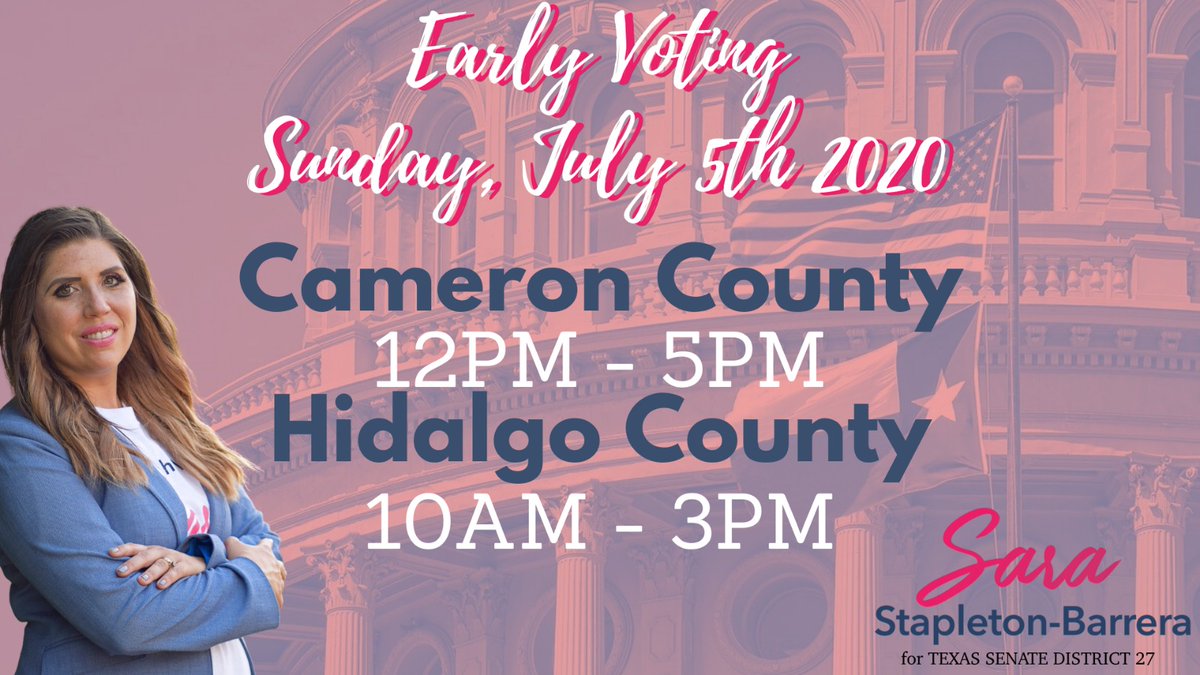 saraforTXsenate's tweet photo. Early voting is back today and you can vote from 1 to 5 p.m.

Don’t forget to continue to celebrate our nation’s freedom and exercise your right to vote on this beautiful Sunday! https://t.co/28mRCxru3N