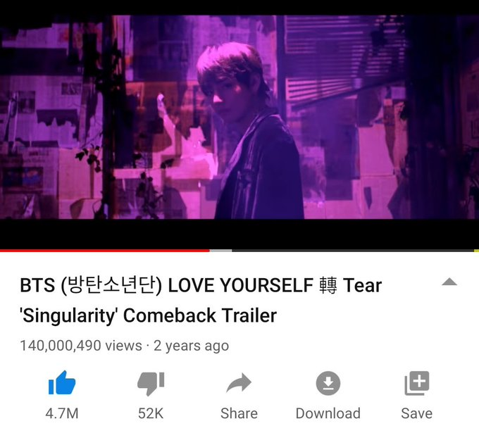 BB_Votaciones's tweet photo. [INFO📊] (@BTS_twt) 

#SingularityMV ha superado los 140M de visitas en YT convirtiéndose en el primer y más rápido Comeback Trailer de @BTS_twt en lograrlo (790 días)🎉

🔹https://t.co/0z3elFV2wl
(Para que continuemos con el streaming)

Marii🦋💕
#BTS #BTSARMY 
Cr.btsyoutubedata https://t.co/z23P2mtqpI