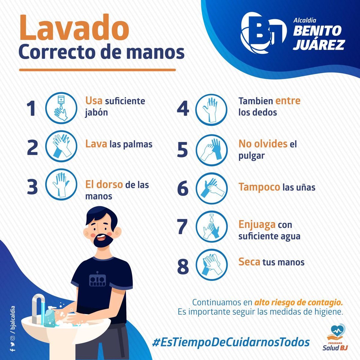 BJAlcaldia's tweet photo. Una medida infalible para luchar contra el #Covid_19 es el lavado de manos constante. Recuerda que si sales de casa debes usar #cubrebocas y evitar tocarte la cara.  #EsTiempoDeCuidarnosTodos😷 https://t.co/LjIyjJOiVV