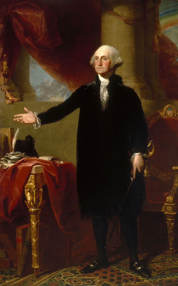 Third, the painter Leutz wouldn't have met Washington in his lifetime, so the General's face would have been modeled after other portraits of him. The most recognizable one now is this 1796 Landsdowne portrait by Gilbert Stuart, featuring nice old George. 7/