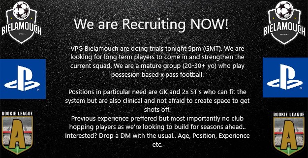 ** Trials TONIGHT!!**

Solid first choice GK. 

2x ST's who aren't afraid to create there own chances with good skill and general smart play when the time is right!

<a href="/OfficialVPG/">Virtual Pro Gaming</a> @ProClubHub <a href="/S6_trialhouse/">S6 Trialhouse | #proclubs</a> @ProClubsUk <a href="/ProclubsRT/">Pro Club ReTweets</a> @Freeagent_ps4