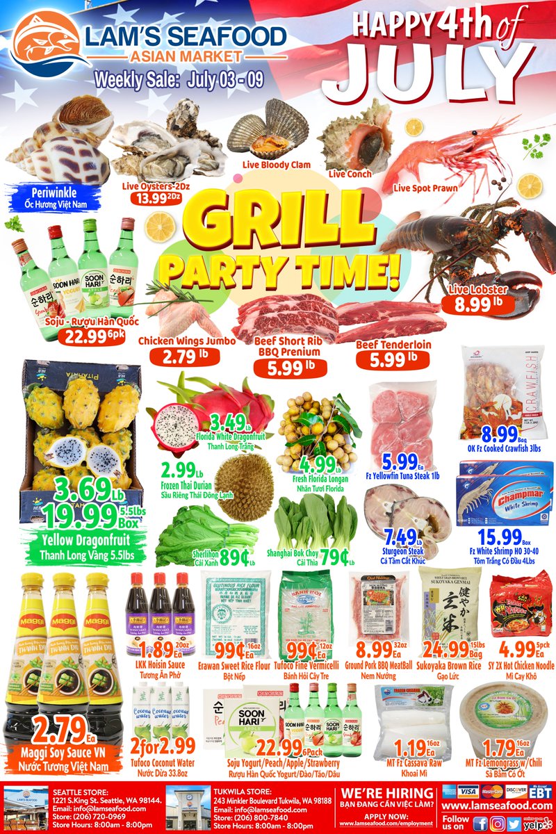 Happy 4th of July!!🤩🎆🥳 It's grill party timeeeee!!!🔥🦪🦪
Sale dates: July 03 - 09
#july4th #partytime #grillparty #July #4thofJuly #Lamseafood