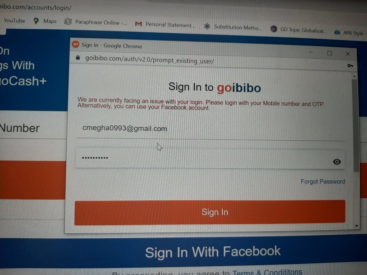 Megha09890813's tweet photo. @goibibo Your desktop site is also having issue. When you have option to login with email and Facebook. Why you asking to login via mobile number. You already know people living in other countries are unable to get otp....so ridiculous https://t.co/INREdOHZU1