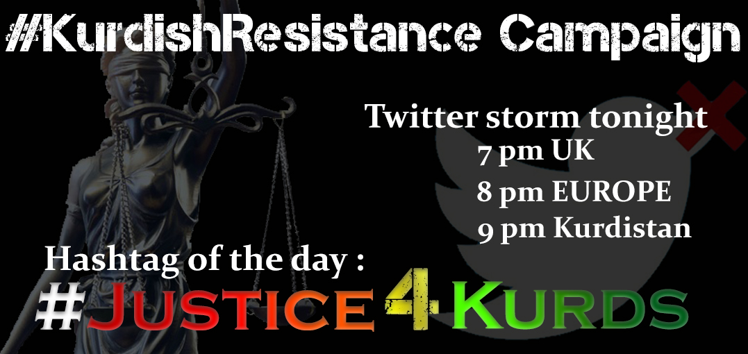 YourAnonNews's tweet photo. Get ready for todays twitterstorm re solidarity in Kurds with the hashtag below.

9pm Kurdistan
8pm Europe
7pm London
2pm New York

#Justice4Kurds https://t.co/rUXKqF2TXy