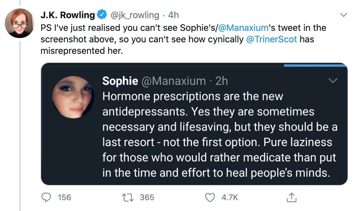 5/35 - Rowling, meanwhile, actively tags in  @TrinerScot (who's permission I asked before tagging him here) further down the thread.She *knew* this act exposed someone to abuse. She did it anyway.