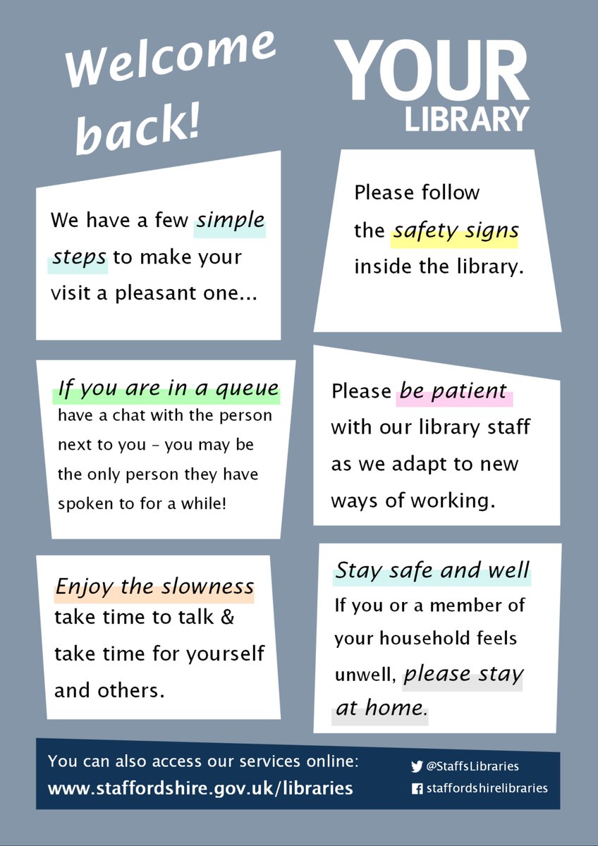 StaffsLibraries's tweet photo. If you're visiting us at #StaffordLibrary #BurtonLibrary or #NewcastleLibrary tomorrow here are a few steps to make your visit pleasant &amp; safe. Find out more info, watch our handy video or read FAQs here: https://t.co/J5b9vbCQ6k @StaffordshireCC https://t.co/fQjAhR2vbu