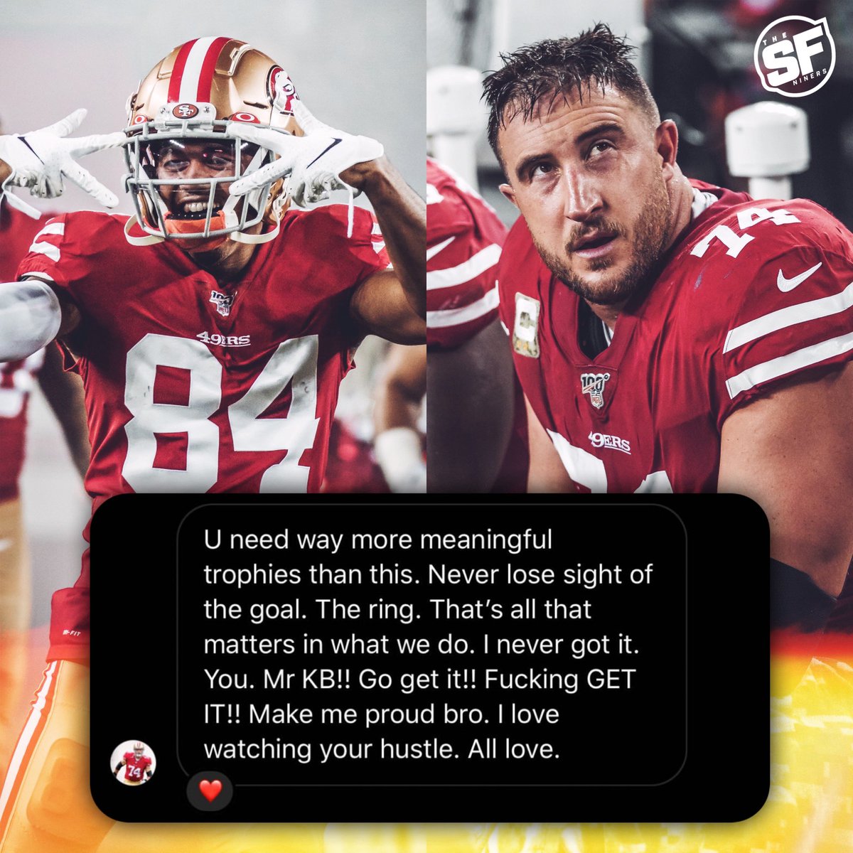 RivalryFb's tweet photo. Joe Staley sends Kendrick Bourne a meaningful direct message about getting a ring. #StillMyCaptain https://t.co/5PbkjKikiS
