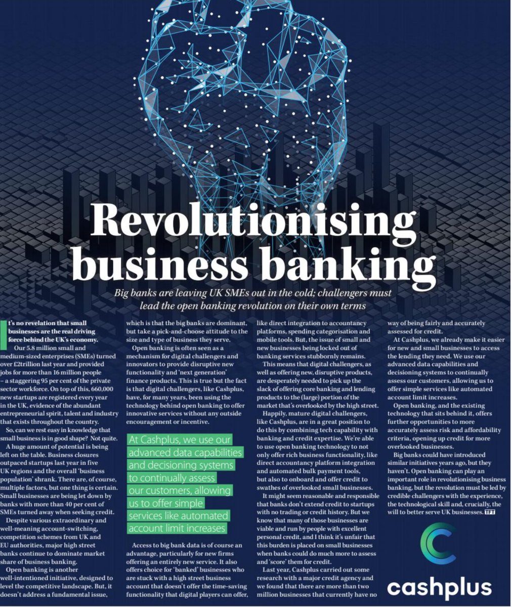thefintechtimes's tweet photo. Big #Banks are leaving UK #SMEs out in the cold ; #challengers must lead the open #banking revolution on their own terms

At @Cashplus they use advanced data capabilities and #decisioning systems to continually assess our #customers

Read more..pg 13 : https://t.co/gaVhHk1F6P https://t.co/OYYXrXIvPL