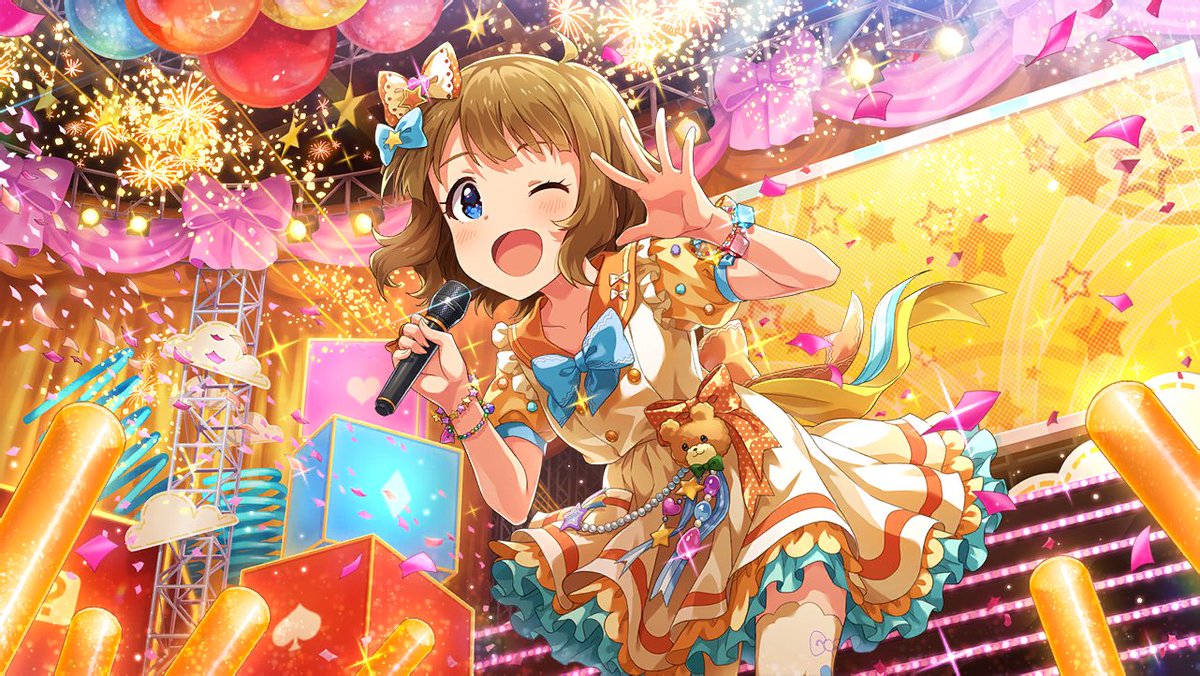 Momoko SuouAge: 11Mirishita Card Type: FairyImage Color: Light Orange> former child star; haughty & wants to be called senpai> distant due to bad past experiences, but opens up more at 765Pro> often stands on a box to be taller> VA: Keiko Watanabe (Keikonee/Keiko-neesama)