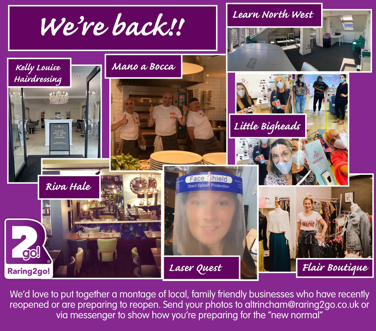 CALLING LOCAL BUSINESSES

We're compiling a montage of local businesses who are preparing to/ recently reopened.

We'd love to see photos to show how you’re preparing for the "new normal". Send your photos to altrincham@raring2go.co.uk #altrincham #saletown #openforbusiness
