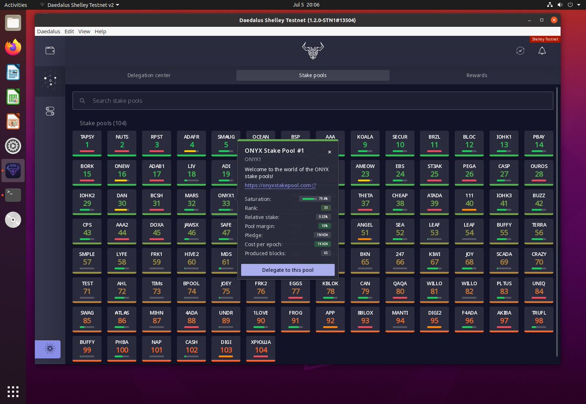 First sneak peek of the Daedalus Shelley Testnet 1.2.0-STN1 wallet staking  interface! The ONYX stake pools are climbing the ranks! #Cardano #Shelley  #ShelleyStakePools #staking #stakepool #crypto #ShelleyTestnets