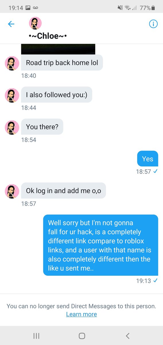 Imɘᗡɘ ɒʏoya On Twitter All Pls Be Aware Chloe79128699 Is A Hacker Dhe Is Offering Trades Then Will Send You A Link And Asking You To Log In Which Will Take Your - hack roblox link