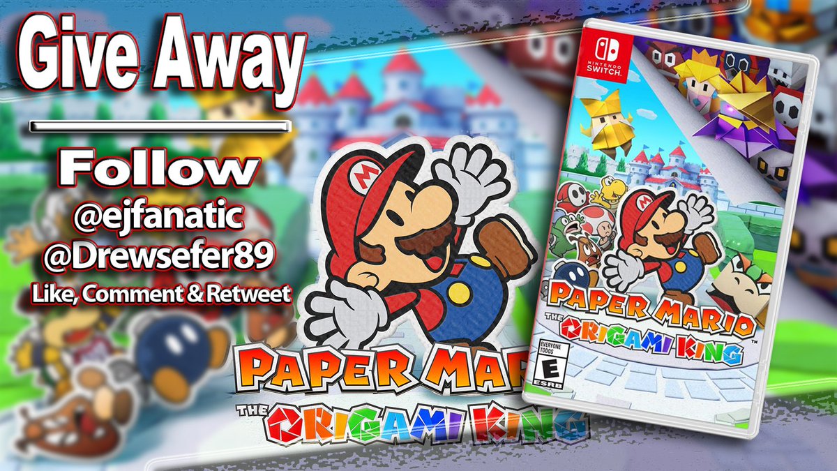 ejfanatic's tweet photo. Paper Mario time is almost upon us!

To celebrate, @Drewsefer89 &amp; I are hosting a giveaway for one physical copy of Origami King.

To Enter:
✅ Like &amp; RT
✅ Follow @Drewsefer89
✅ Follow @ejfanatic
✅ Comment your fav Mario game

Winner selected July 15th!

#PaperMarioOrigamiKing https://t.co/jyBLOf4PFi