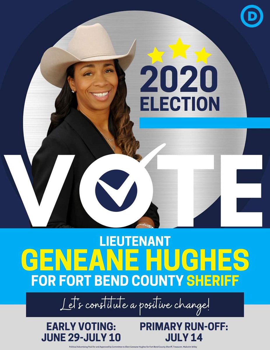 gh2020sheriff's tweet photo. Today the polls are open from 12-5 pm for early voting (except Hightower &amp; Stafford)! When you cast your vote, choose #2 on the ballot, Lt. Geneane Hughes, for Fort Bend County Sheriff!  Thank you for your support, and I'll see you at the polls (I'm on my way to Sienna 😉)! https://t.co/bonuM3bUdw
