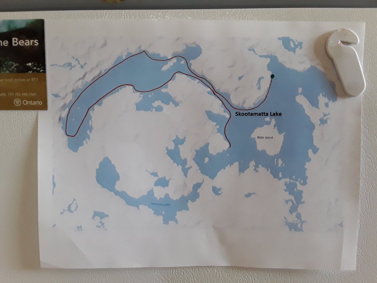Our newest high-tech map.  As of this morning, Tom has swum 16 km!  For the fans outside of Ontario, that white magnet with the cutter is for milk bags. #OntarioTrivia #SwimTomSwim