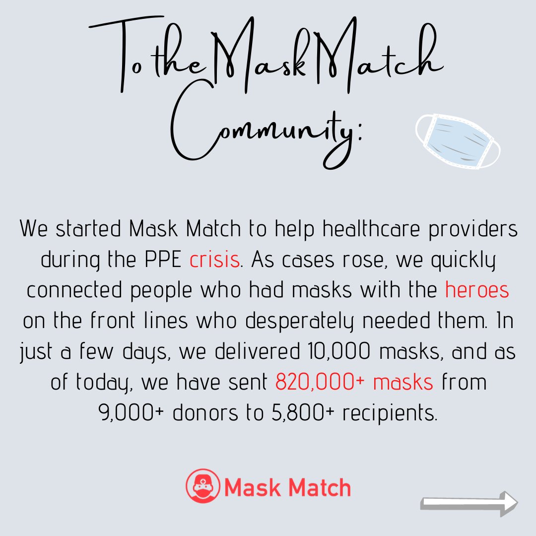 MaskMatch's tweet image. It is bittersweet to share that Mask Match's time has come to an end. Whether you donated a mask, cared for patients, or volunteered to help our operations, you saved lives, and from the bottom of our hearts, we thank you for being part of the #maskmatch community. @getusppe
