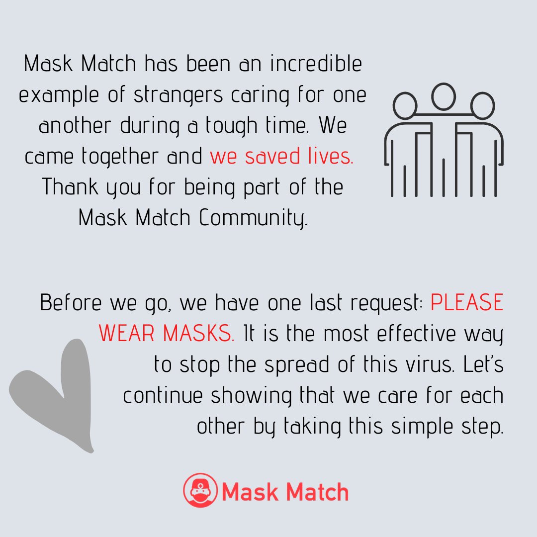 MaskMatch's tweet image. It is bittersweet to share that Mask Match's time has come to an end. Whether you donated a mask, cared for patients, or volunteered to help our operations, you saved lives, and from the bottom of our hearts, we thank you for being part of the #maskmatch community. @getusppe