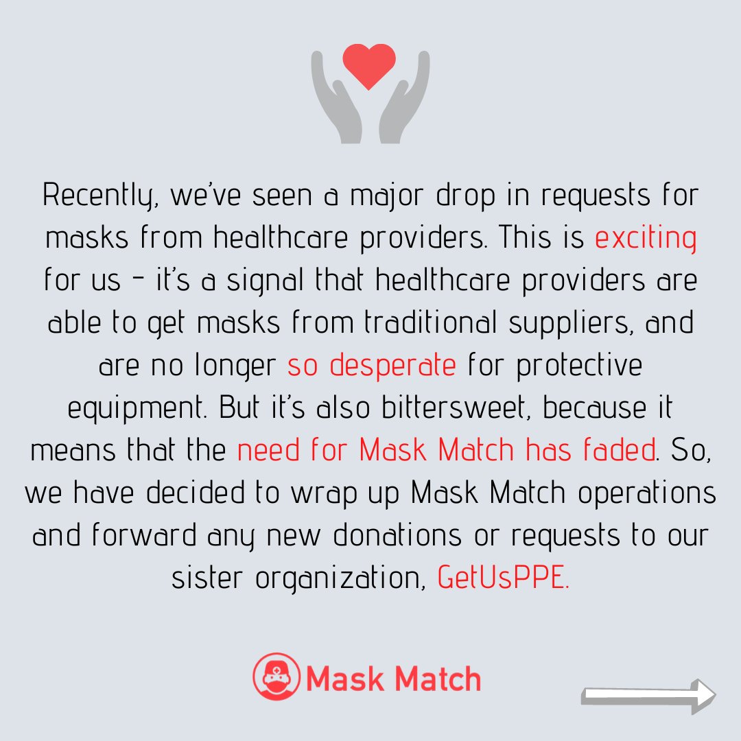 MaskMatch's tweet image. It is bittersweet to share that Mask Match's time has come to an end. Whether you donated a mask, cared for patients, or volunteered to help our operations, you saved lives, and from the bottom of our hearts, we thank you for being part of the #maskmatch community. @getusppe