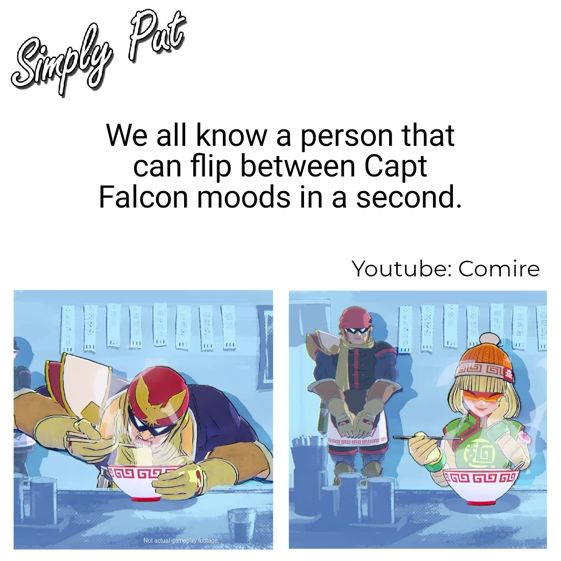 JoshuaComire's tweet photo. We all know a person that can flip between Capt Falcon moods in a second.

#SmashBros #SmashBrosUltimate #SuperSmashBrosUltimate #SSBU #CaptainFalcon #CaptFalcon #DLC #MinMin #MinMinForTheWinWin #gaming #videogames #games #NintendoSwitch #nintendo https://t.co/CaI20QDxoU