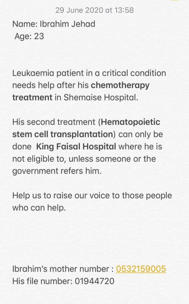 elhamaz23's tweet photo. @k_batli يسعد مسائك استاذ ساعدنا بالنشر 🙏🏽 بخصوص حالة اخونا ابراهيم ٢٣ سنة والذي يعاني من اللوكيميا ( سرطان الدم) 
ويحتاج لزراعة نخاع باسرع وقت ممكن 
حالة ابراهيم لاتسمح بأي تأخير 
اللهم يسر له وشافه وعافه #ابراهيم_محارب_السرطان https://t.co/f38T4eqbyd
