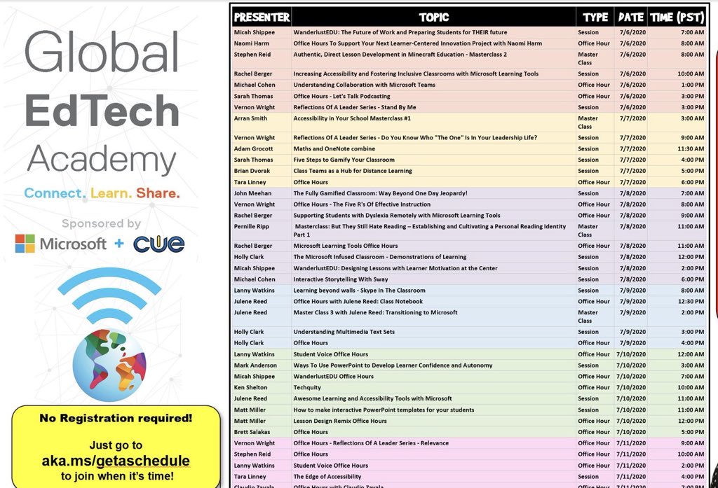 🧠 Massive PD Opportunity 🧠

Global EdTech Academy has many FREE webinars available this week, via this partnership from <a href="/cueinc/">CUE</a> and #MicrosoftEDU!

👉 Schedule: aka.ms/getaschedule

#edtech #GETA #MIEExpert