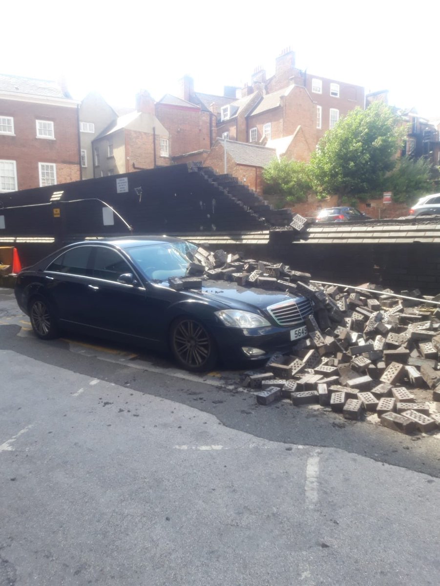 This car was parked illegally in a service road at the rear of a property we manage. A car attempting to park in our neighbours car park this morning has managed to demolish the wall. Haven’t heard from the driver yet but suspect he isn’t happy... #propertymanagement