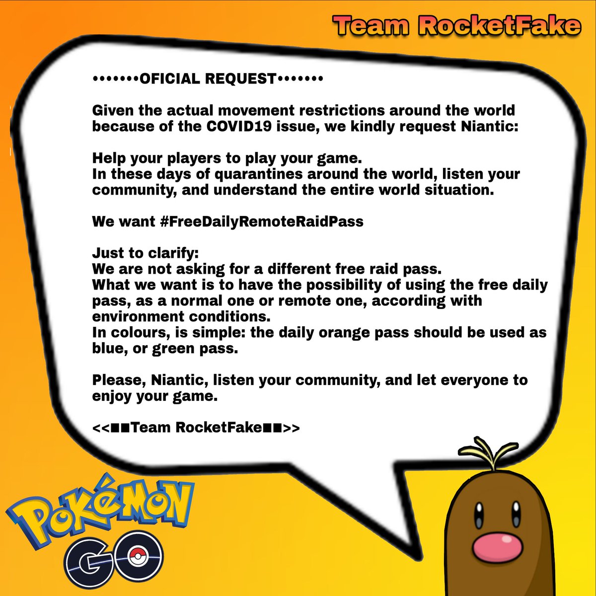 The_EVIL_Lyn's tweet image. Please, @NianticLabs, @NianticHelp:
Allow your free daily pass to be used as normal or remote pass.
Listen your community: #FreeDailyRemoteRaidPass
#PokemonGO #Pokemon #RemoteRaid