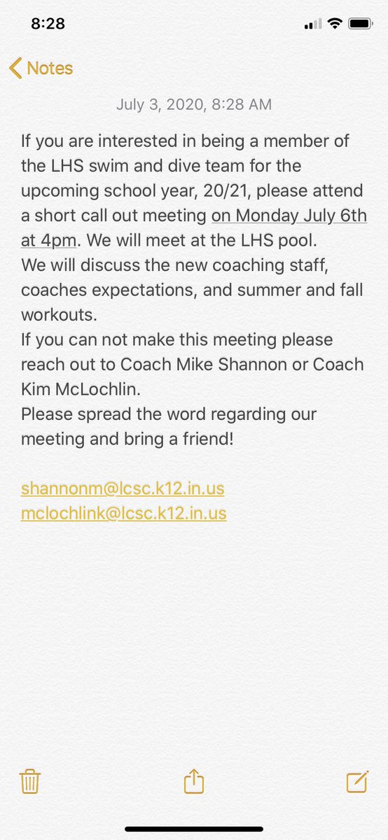 Hey swimmers and divers don’t forget we have a short meeting tomorrow at 4. Meet at the LHS pool. Enter through the pool doors. If you can’t make it, let Mike or Kim know!