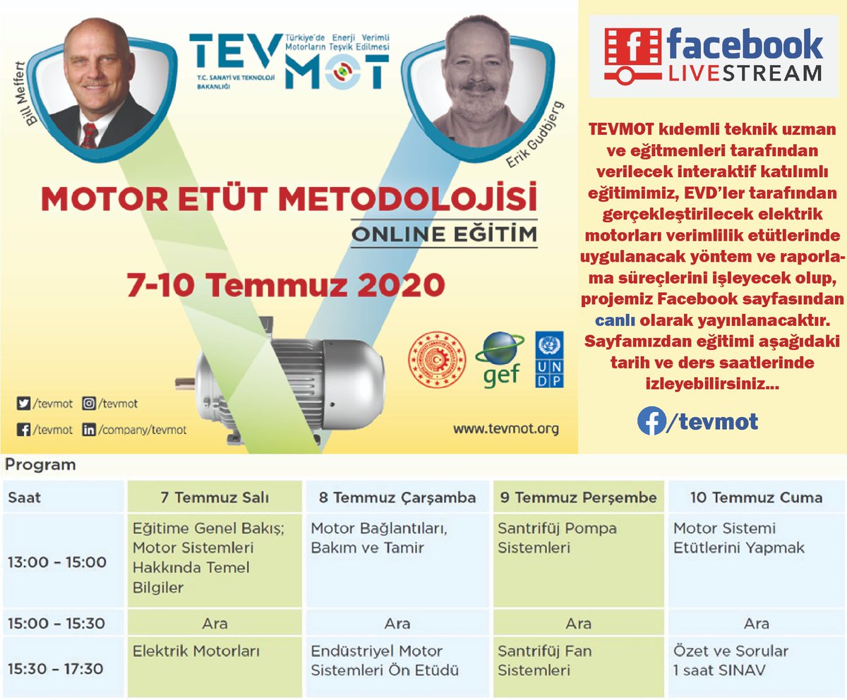 TEVMOT kıdemli teknik uzman ve eğitmenleri tarafından verilecek interaktif katılımlı eğitimimizi, projemiz Facebook sayfasından aşağıdaki tarih ve ders saatlerinde izleyebilirsiniz... <a href="/undpturkiye/">UNDP Türkiye 🇹🇷</a> <a href="/TCSanayi/">Sanayi ve Teknoloji Bakanlığı</a>  #energy #efficiency #motor #enerji #verimlilik