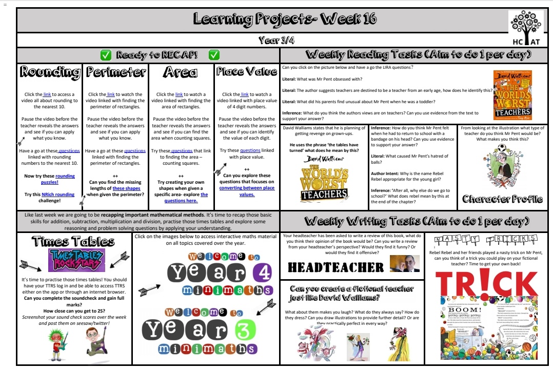 We are now on Week 16 of Home-learning and we are looking forward to seeing some excellent learning. Remember to up-load your learning onto Seesaw or Twitter. Go to HCAT website for your interactive home-learning.