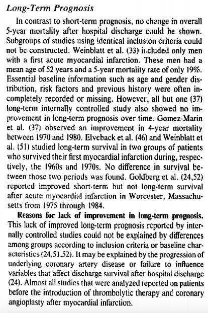 As a non-Mad Men-related aside, it's pretty humbling that this paper finds no improvement in longterm survival after AMI from the 1960s to the 1980s. The authors note that almost all the studies reported on patient outcomes prior to the era of lytics and angioplasty.