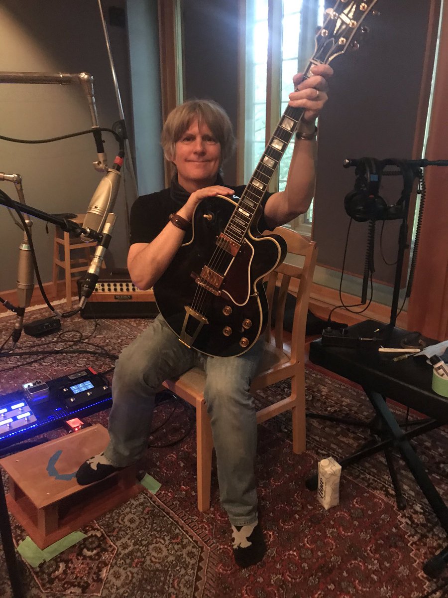 Day 4 tracking @ Imaginary Roads Studios: 9 hrs straight, after five tunes Both electric guitars had a very hard time staying in tune due to the heat. We still had five to go. This is me with my black beauty Gibson ES275.￼ ￼