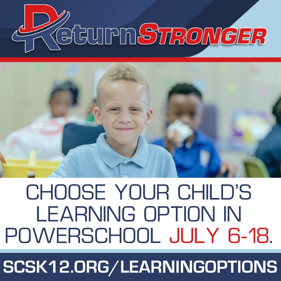 SCSSuptRay's tweet photo. We’re offering options for virtual or in-school learning to best serve our families. The period to choose begins tomorrow at 10AM, and we will also be releasing our full Re-Entry Plan so parents have the information they need to decide and return STRONGER. https://t.co/lHPwh6WsGH