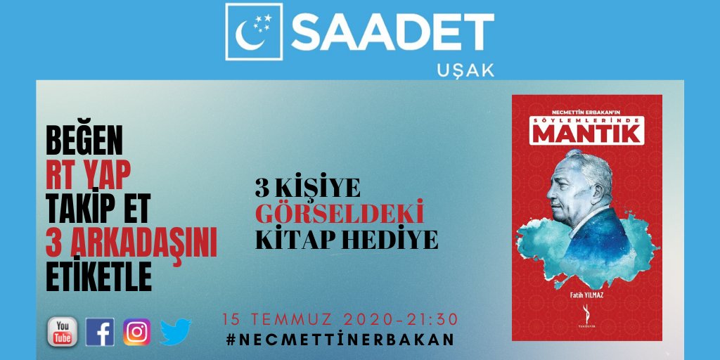 Saadetusak64's tweet photo. Hediyemiz Var ! 

Beğen
RT Yap
Takip Et
3 Arkadaşını Etiketle

 Sonuçlar ;

15.07.2020 21:30

#saadetpartisi
#necmettinerbakan
#15Temuz

Herkese bol şanş https://t.co/9Cf4cE7o4A